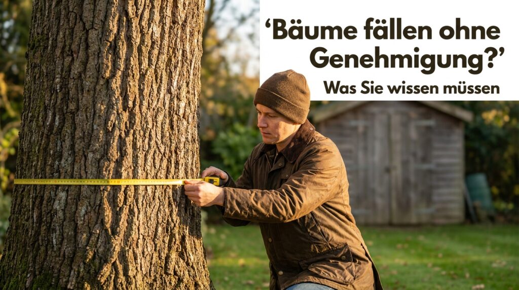 Welche Bäume darf man ohne Genehmigung fällen? Gartenbesitzer misst den Stammumfang eines Baumes mit einem gelben Maßband