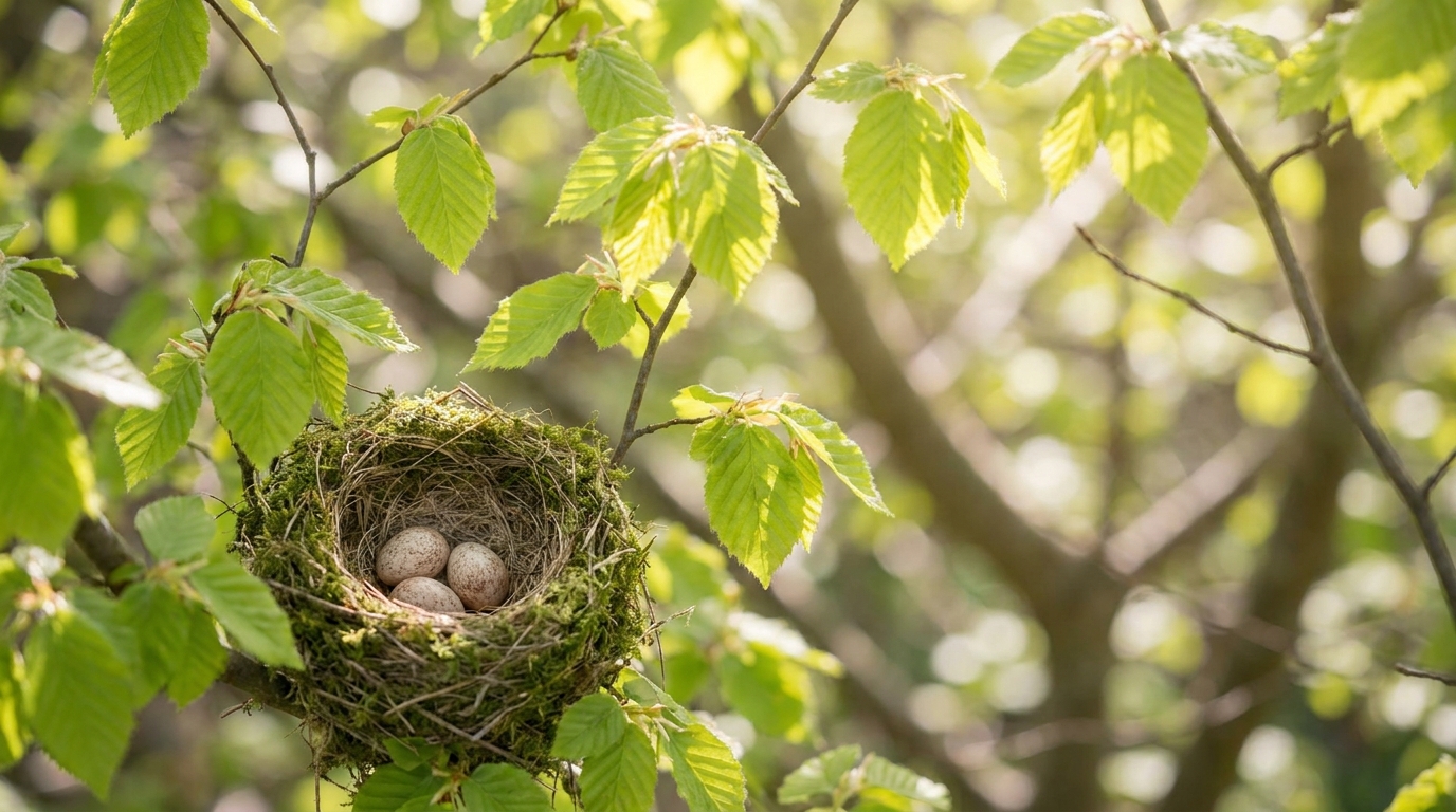 Vogelnest mit Eiern in einem Baum während der gesetzlichen Schonzeit