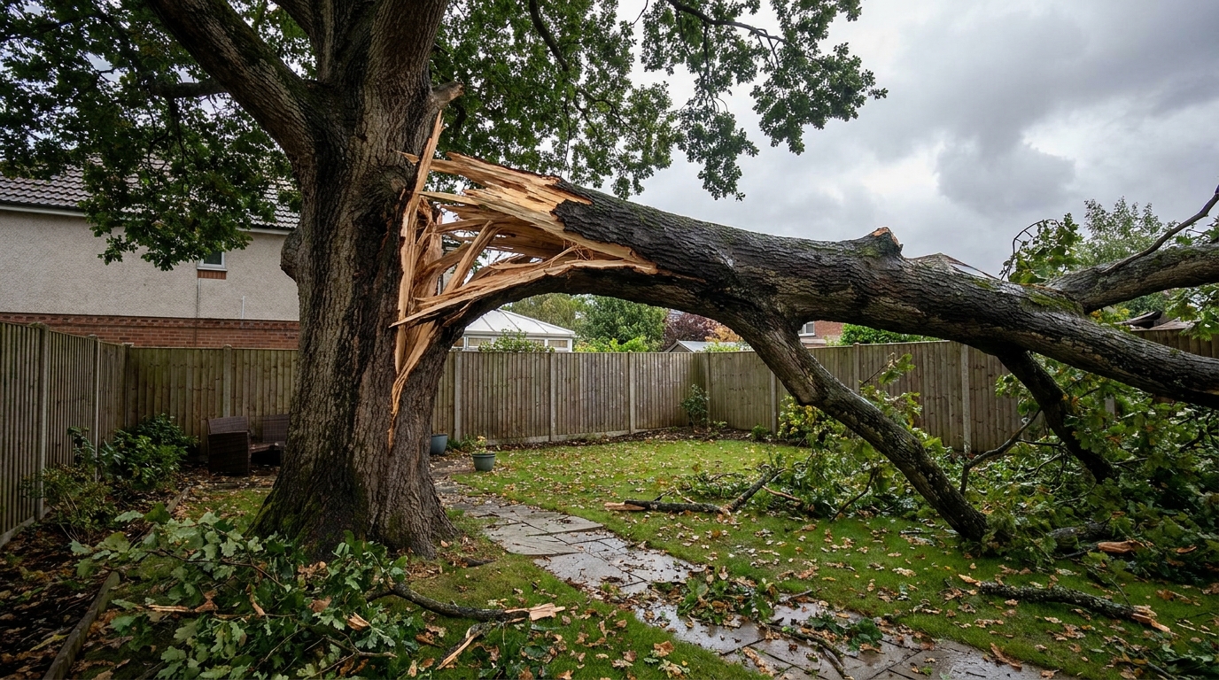 Durch Sturm beschädigter, abgeknickter Ast an einem Baum im Garten
