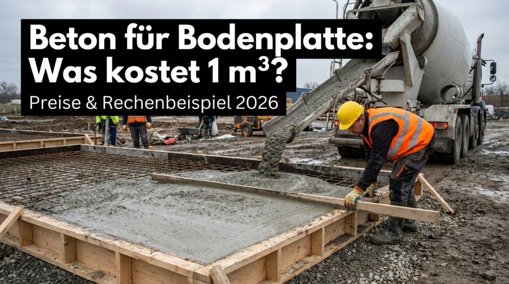 Betonmischer gießt Beton in eine Schalung für eine Bodenplatte