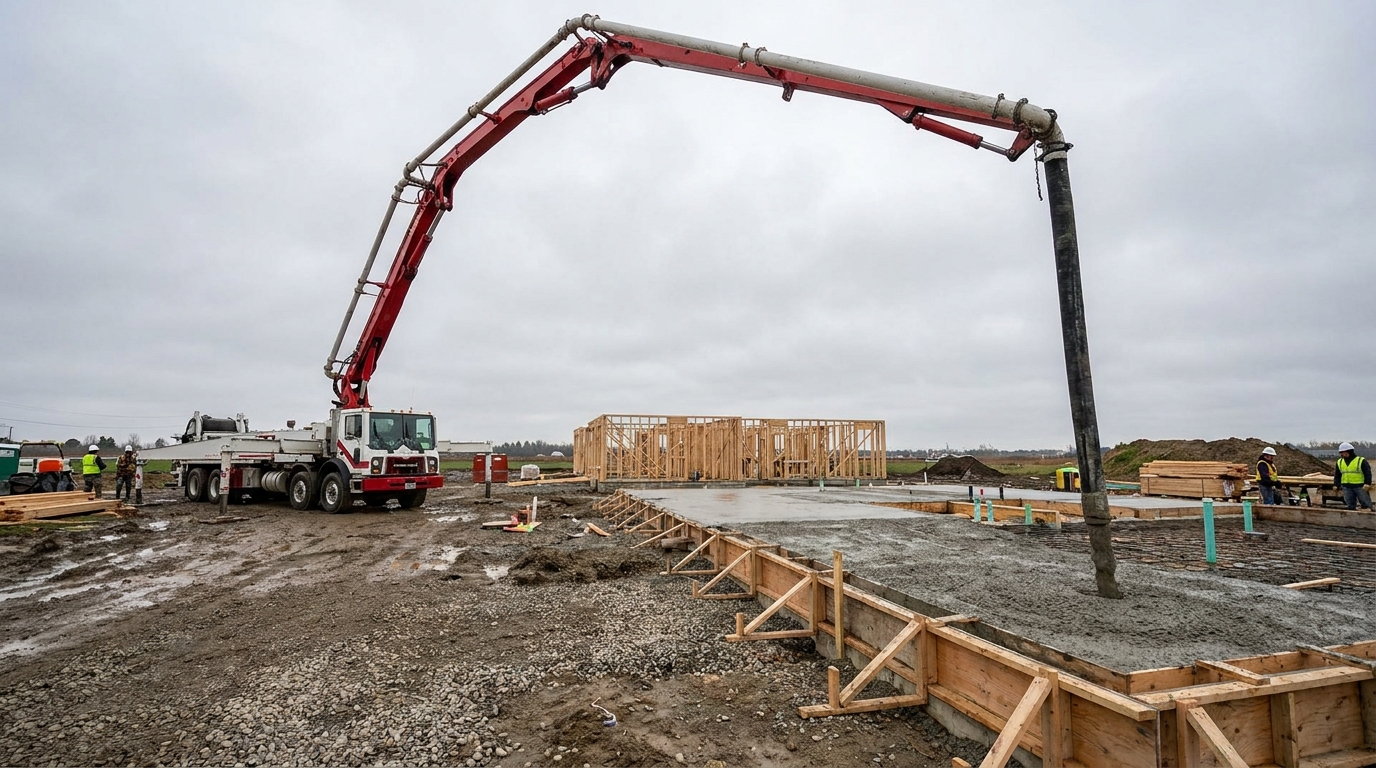 Kleiner Betonmischer neben Zementsäcken auf einer Einfahrt