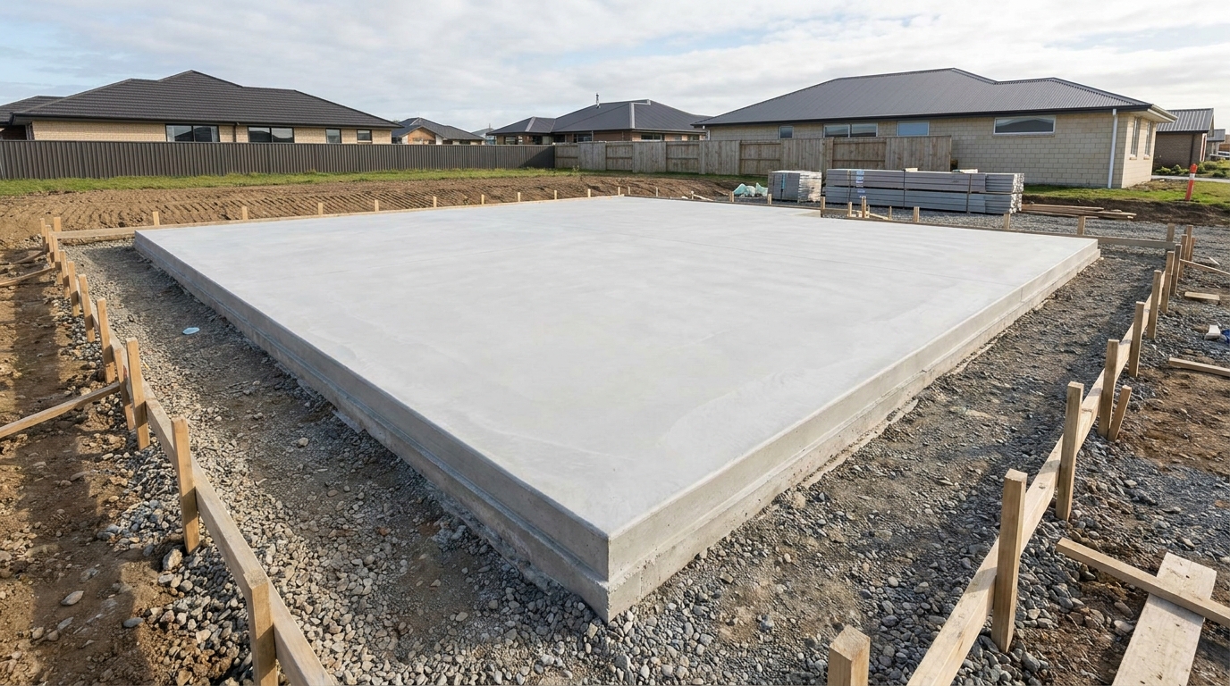 Fertige glatte Betonbodenplatte auf einem Baugrundstück