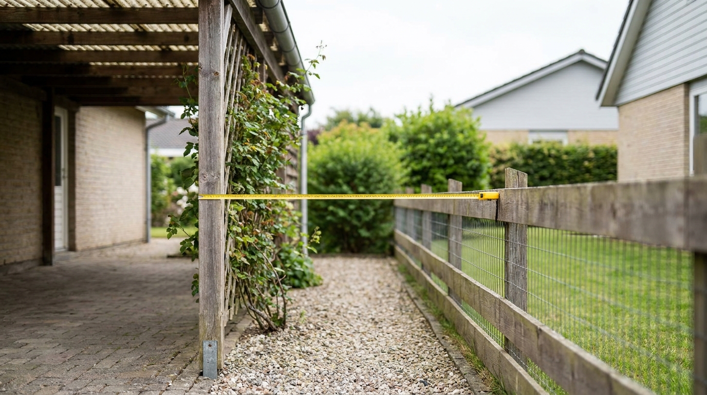 Maßband misst den Abstand zwischen Carport und Grundstücksgrenze