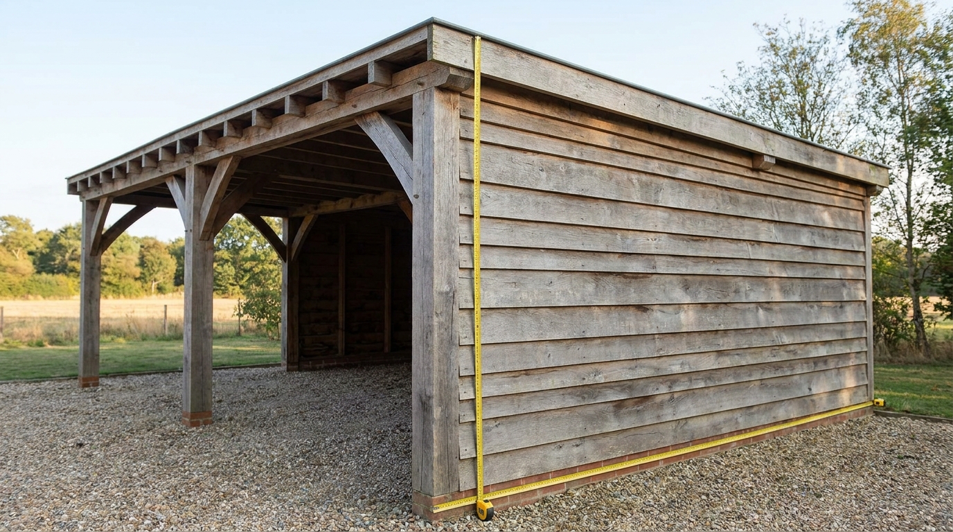 Maßband misst die Wandhöhe eines Carports für das Rechenbeispiel