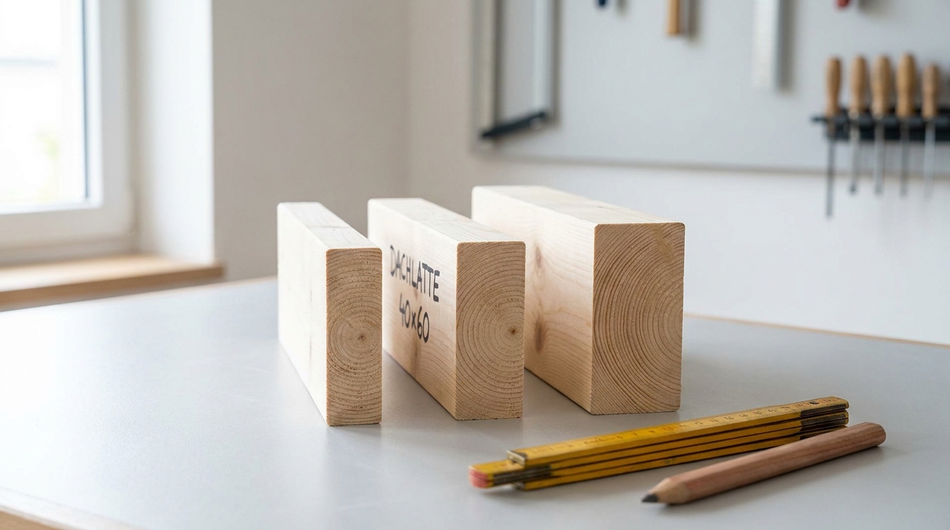 Drei Dachlatten mit den Querschnitten 30x50, 40x60 und 50x70 mm stehen nebeneinander auf einer Werkbank, daneben Zollstock und Zimmermannsbleistift