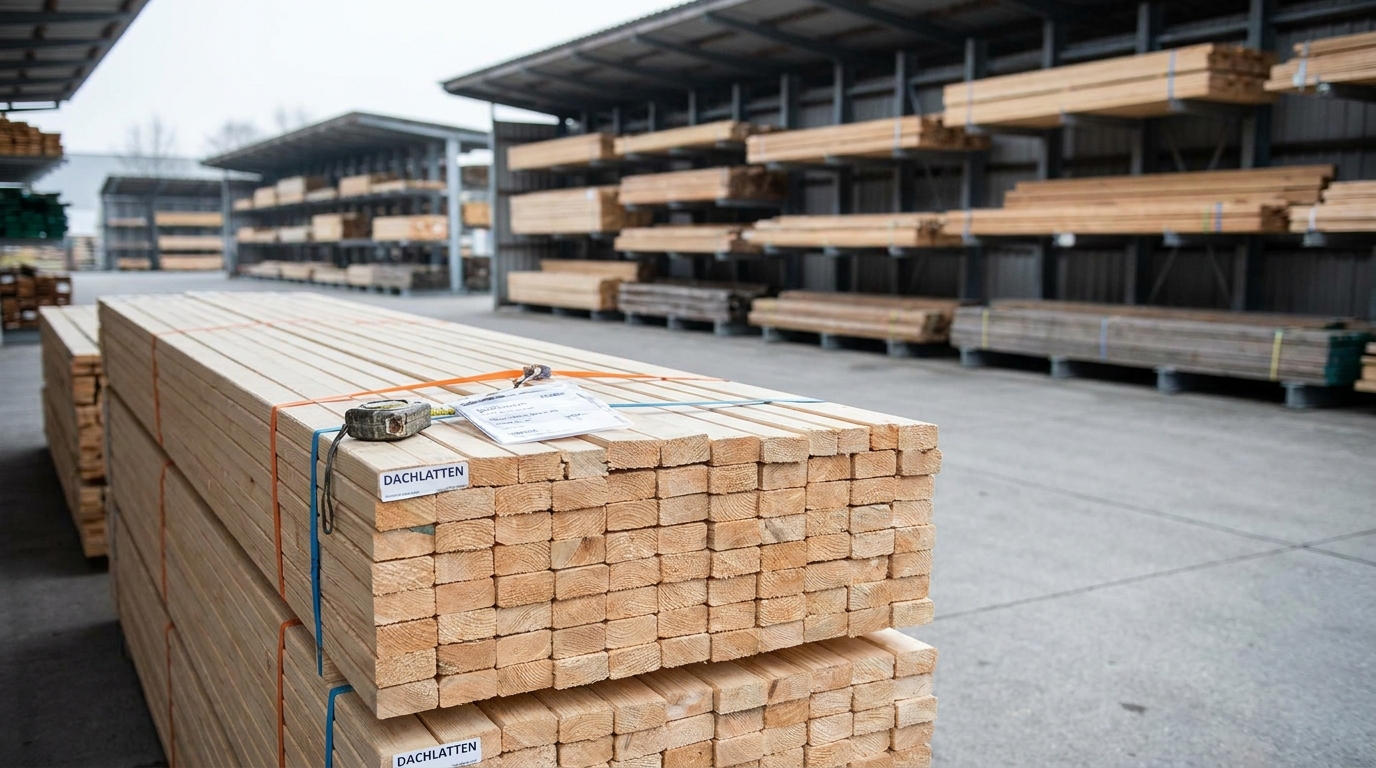 Gebündelte Fichten-Dachlatten mit Spanngurten im Holzhandel, davor ein Preisschild und ein Maßband auf dem Stapel