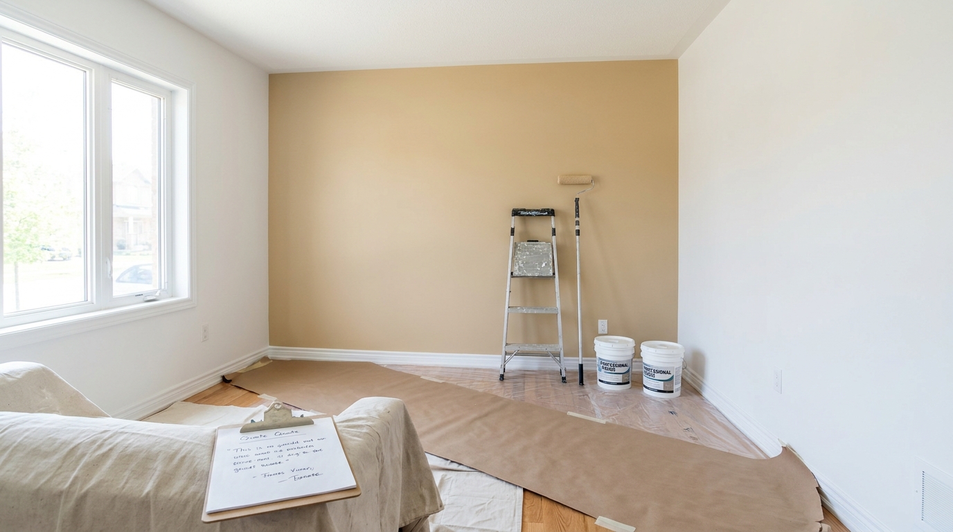 Fertig gestrichenes Wohnzimmer nach Malerarbeiten mit Leiter, Farbeimern und Kostenvoranschlag auf dem Sofa