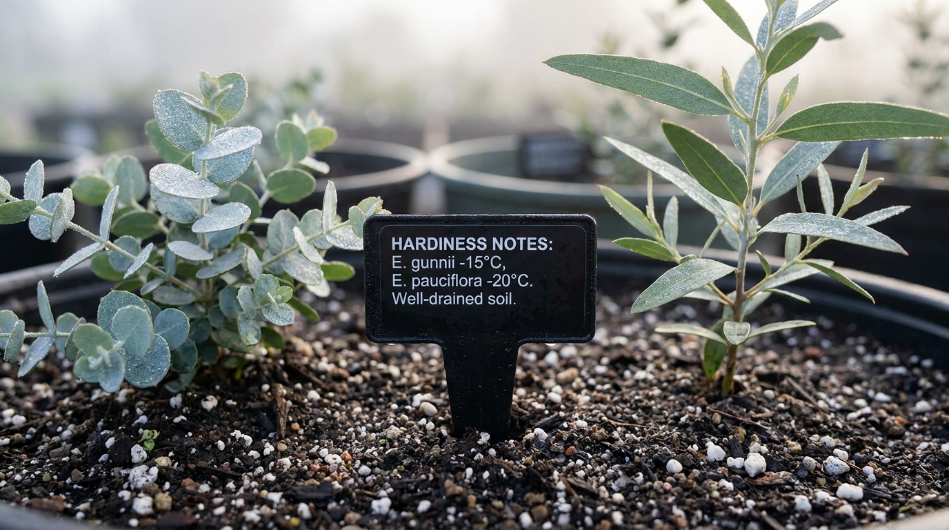 Zwei junge Eukalyptus-Sorten im Vergleich am Pflanzetikett: buschiger Eucalyptus gunnii und schmalblättriger Eucalyptus pauciflora subsp. niphophila