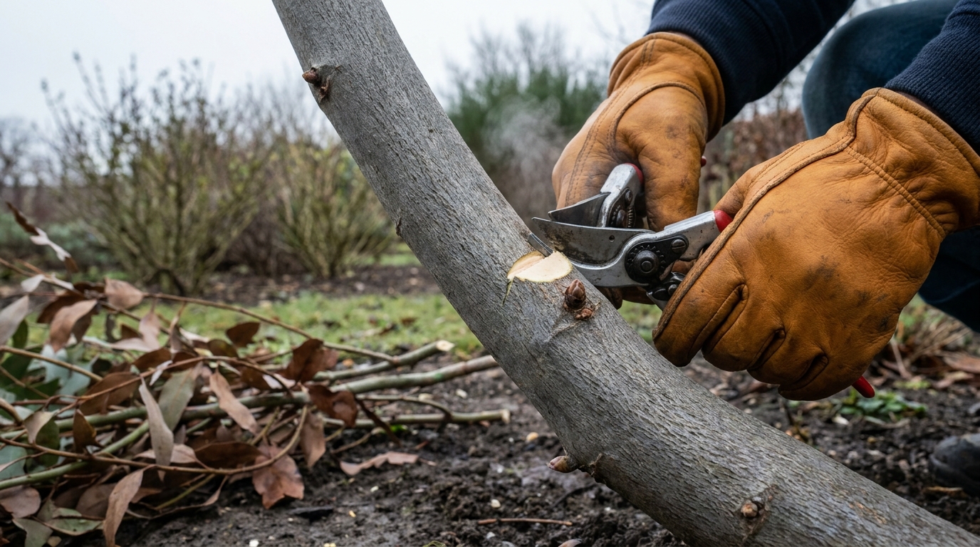 Gärtner schneidet im Spätwinter einen verholzten Eukalyptus-Ast mit der Gartenschere über einer schlafenden Knospe zurück