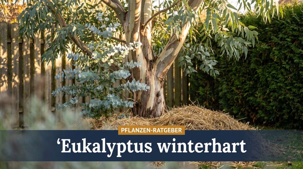 Winterharter Eukalyptus gunnii im Garten mit silbrig-blauem Laub und Stroh-Mulchschicht um den Stamm als Winterschutz