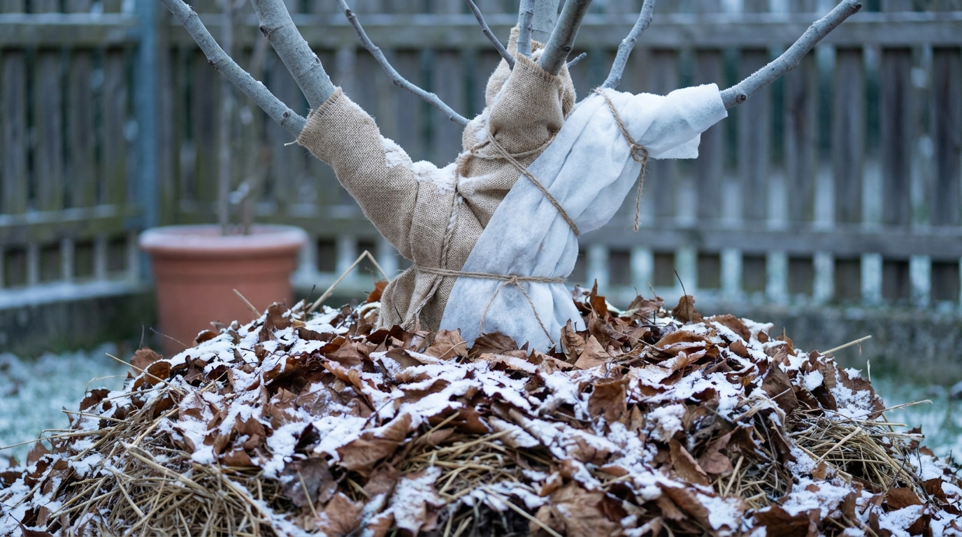 Junger Feigenbaum mit Jute und Vlies um den Stamm und Laubschutz am Wurzelbereich als Winterschutz