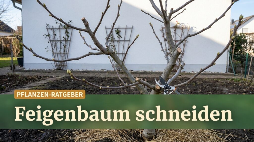 Feigenbaum schneiden: Wann und wie? Feigenbaum im Spätwinter vor dem Austrieb mit Gartenschere und Knospen, bereit für den Schnitt