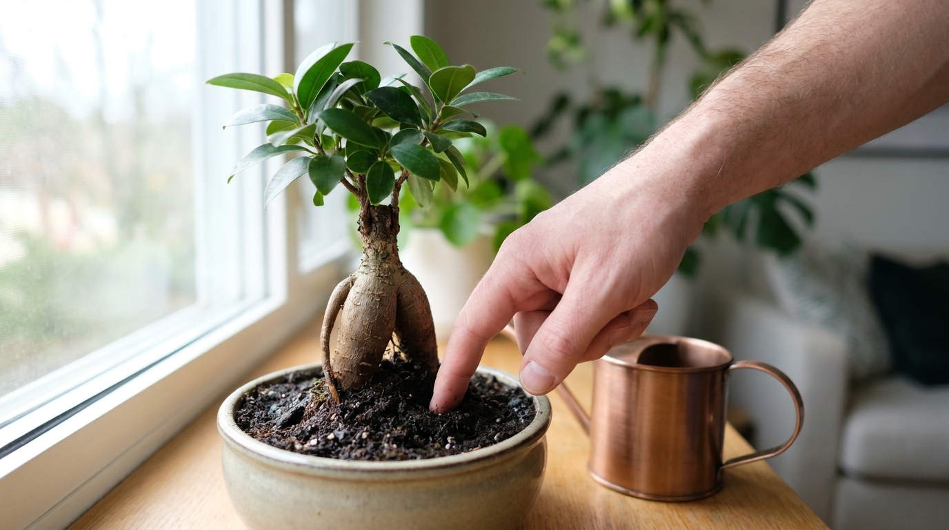 Hand prüft die Erdfeuchtigkeit eines Ficus Ginseng vor dem Gießen