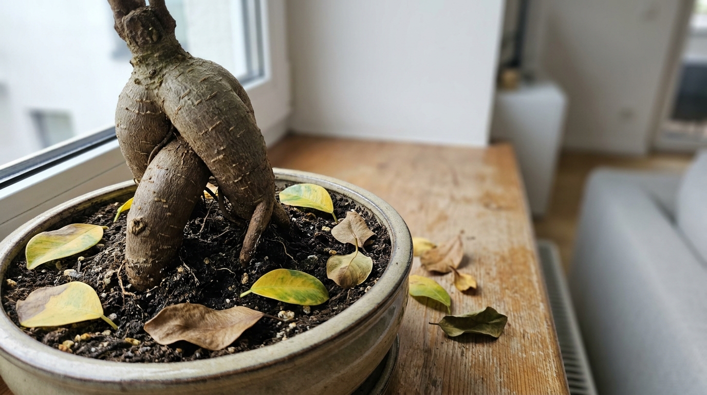 Ficus Ginseng mit vergilbten und abgefallenen Blättern