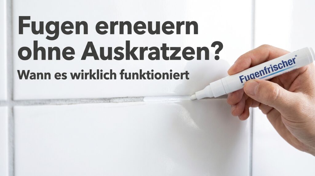 Fugen erneuern ohne Auskratzen: Geht das? Hand trägt Fugenfrischer auf eine Fliesenfuge im Bad auf