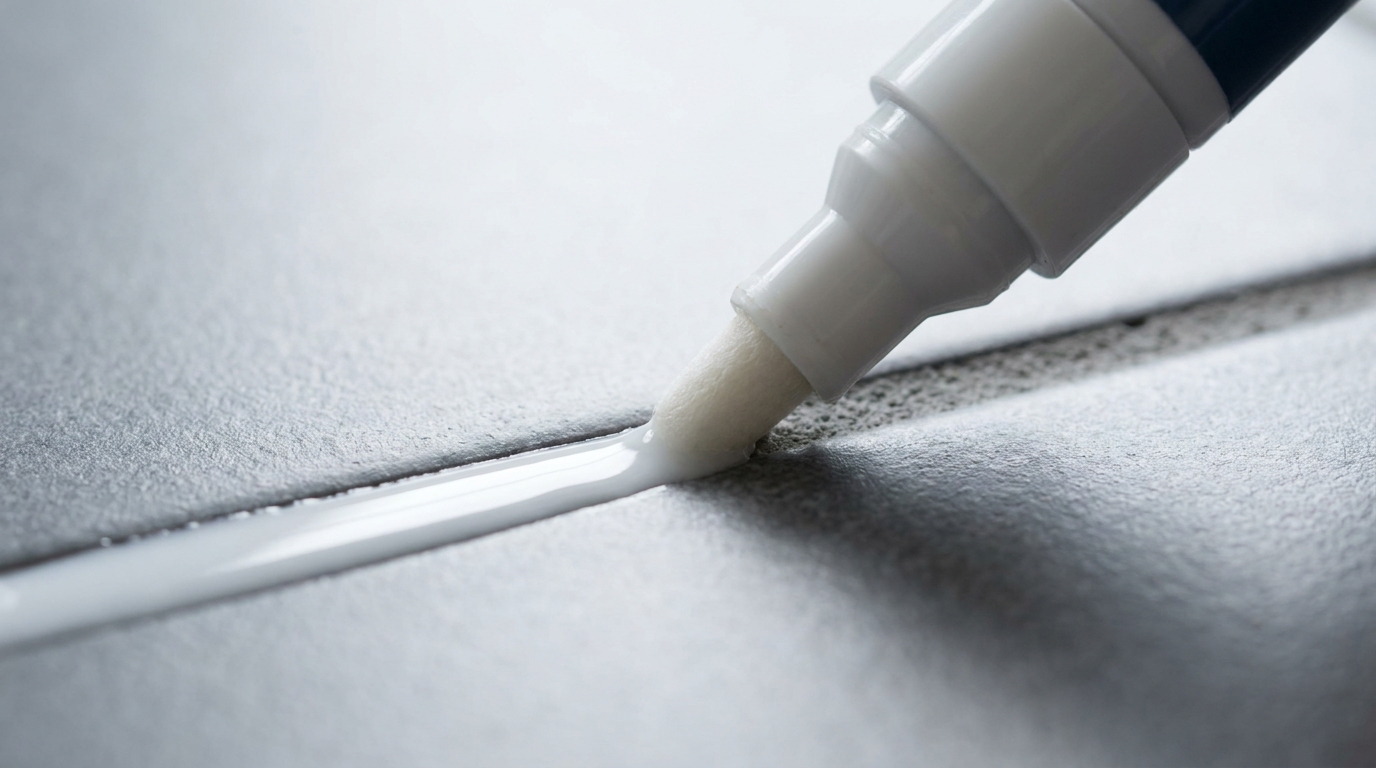 Fugenfrischer-Stift wird entlang einer Fliesenfuge aufgetragen