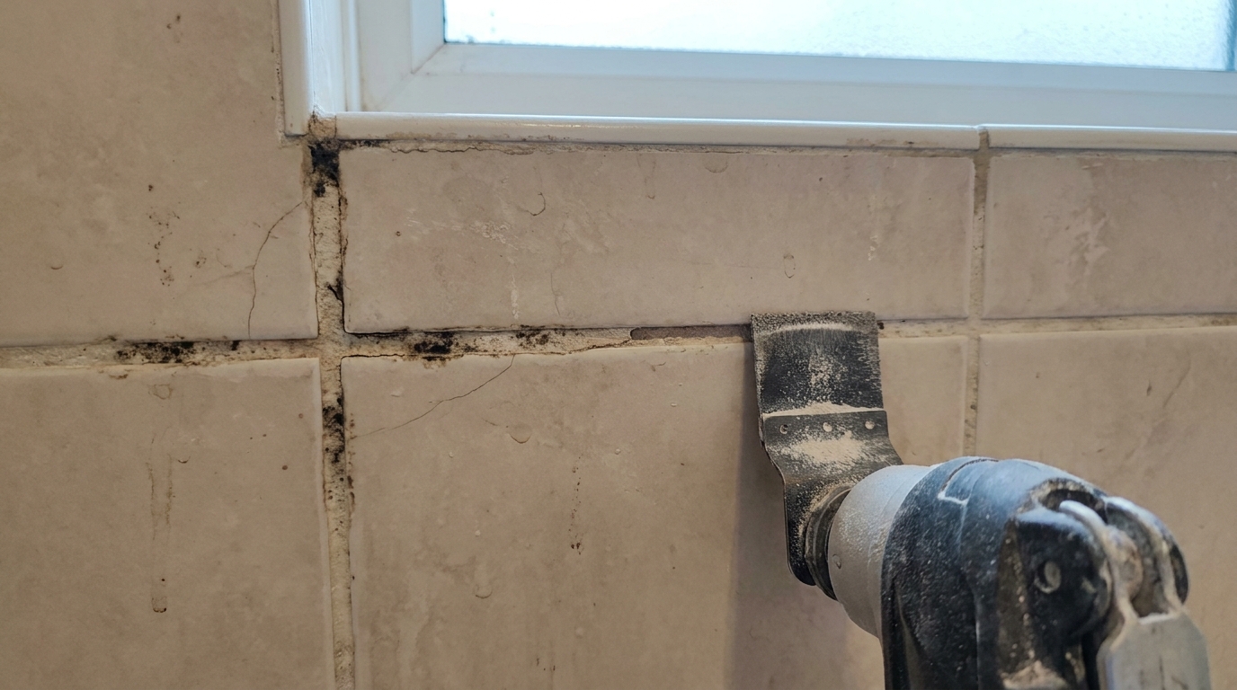 Neue Silikonfuge wird über eine alte Silikonfuge an einer Badewanne aufgetragen