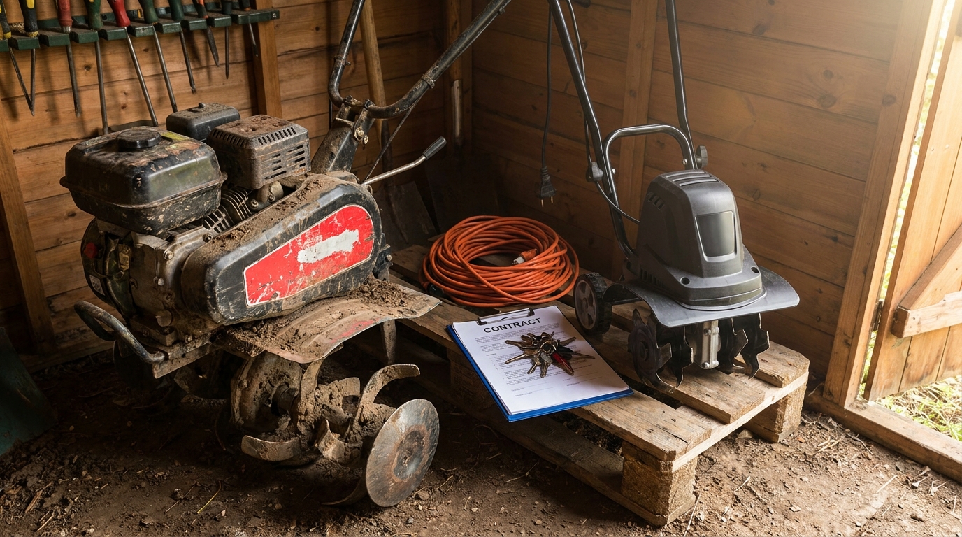 Gartenfräse mieten oder kaufen: gebrauchte Benzinfräse mit rotem Aufkleber neben einer sauberen Elektrofräse und einem Mietvertrag in der Gartenhütte