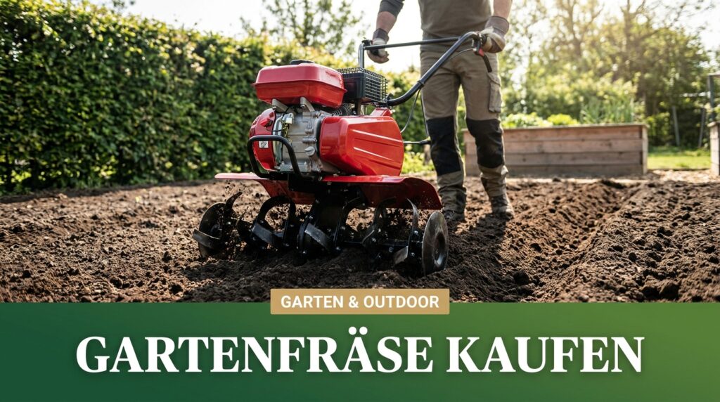 Gartenfräse kaufen – worauf achten? Benzin-Gartenfräse mit roten Zähnen lockert frisch umgebrochene Erde in einem Gemüsebeet