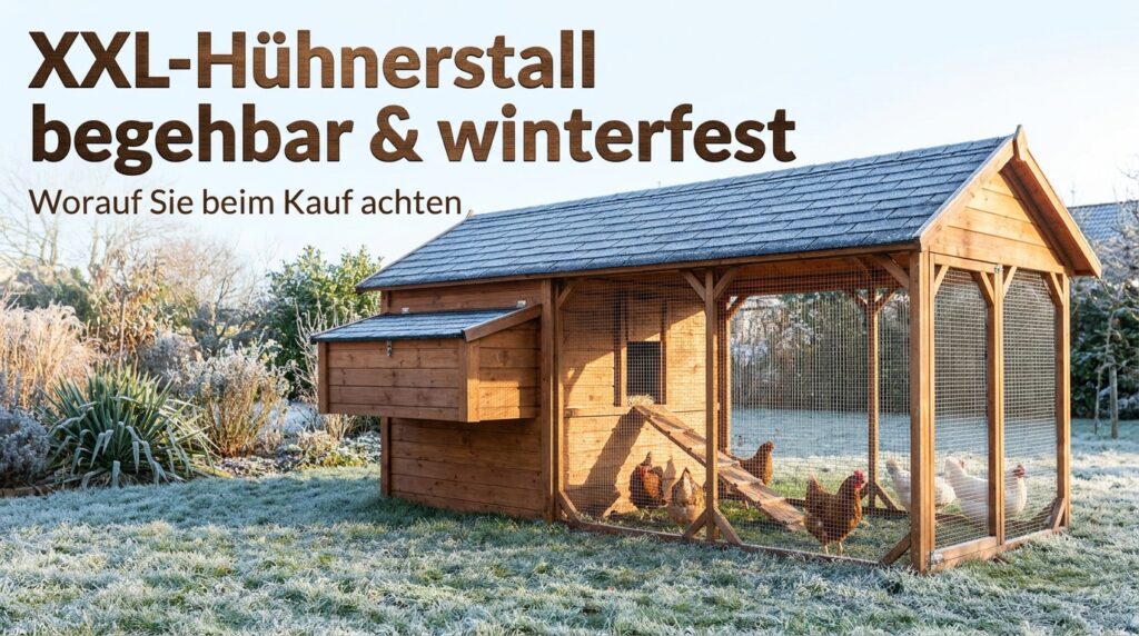 XXL-Hühnerstall begehbar und winterfest: Worauf achten? Begehbarer XXL-Hühnerstall im winterlichen Garten mit Hühnern