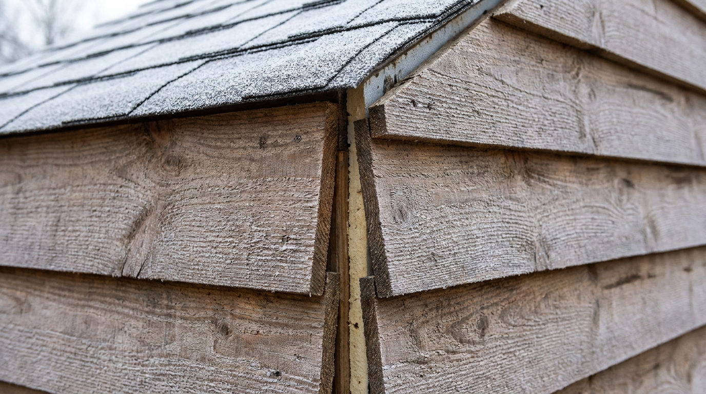 Doppelwandige Holzkonstruktion eines winterfesten Hühnerstalls mit Frost auf dem Dach