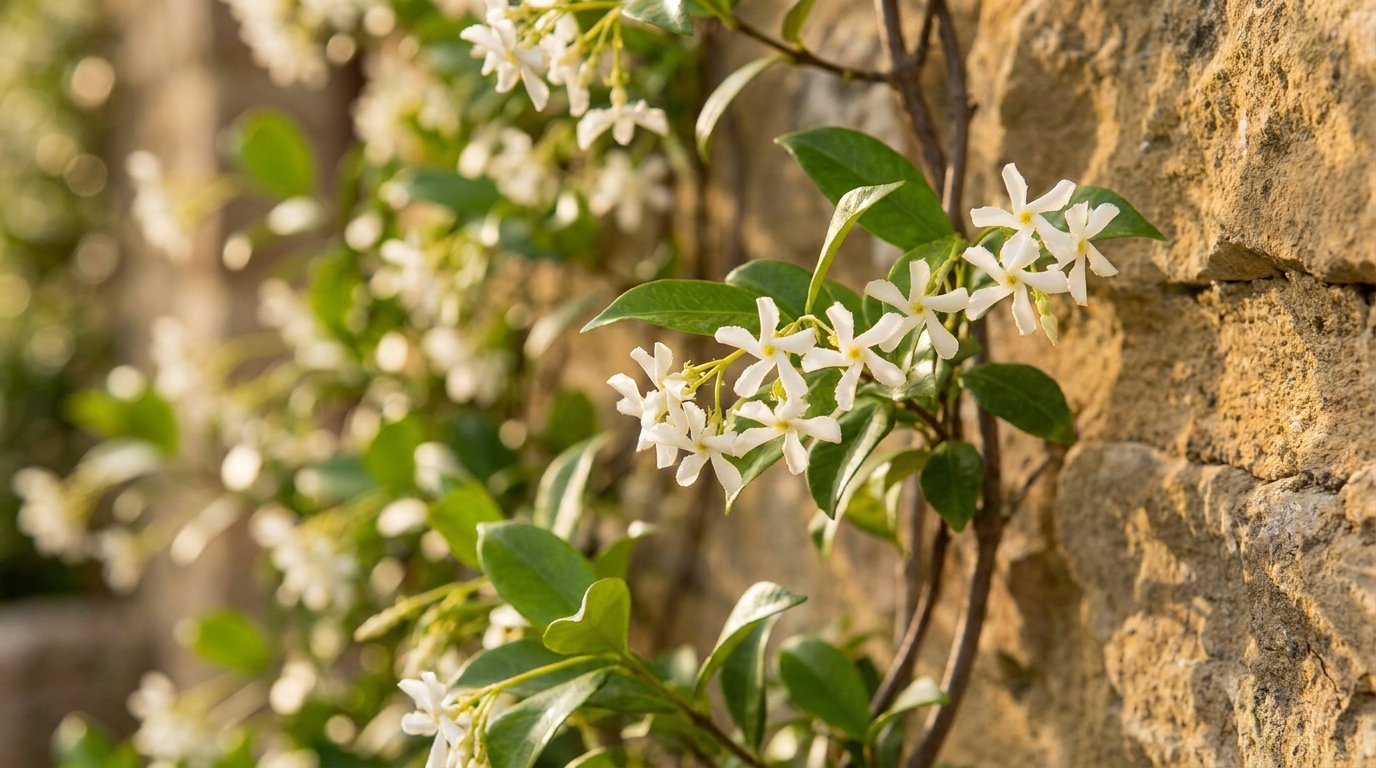 Immergrünes Geißblatt rankt mit roten Blüten an einem Gartenzaun