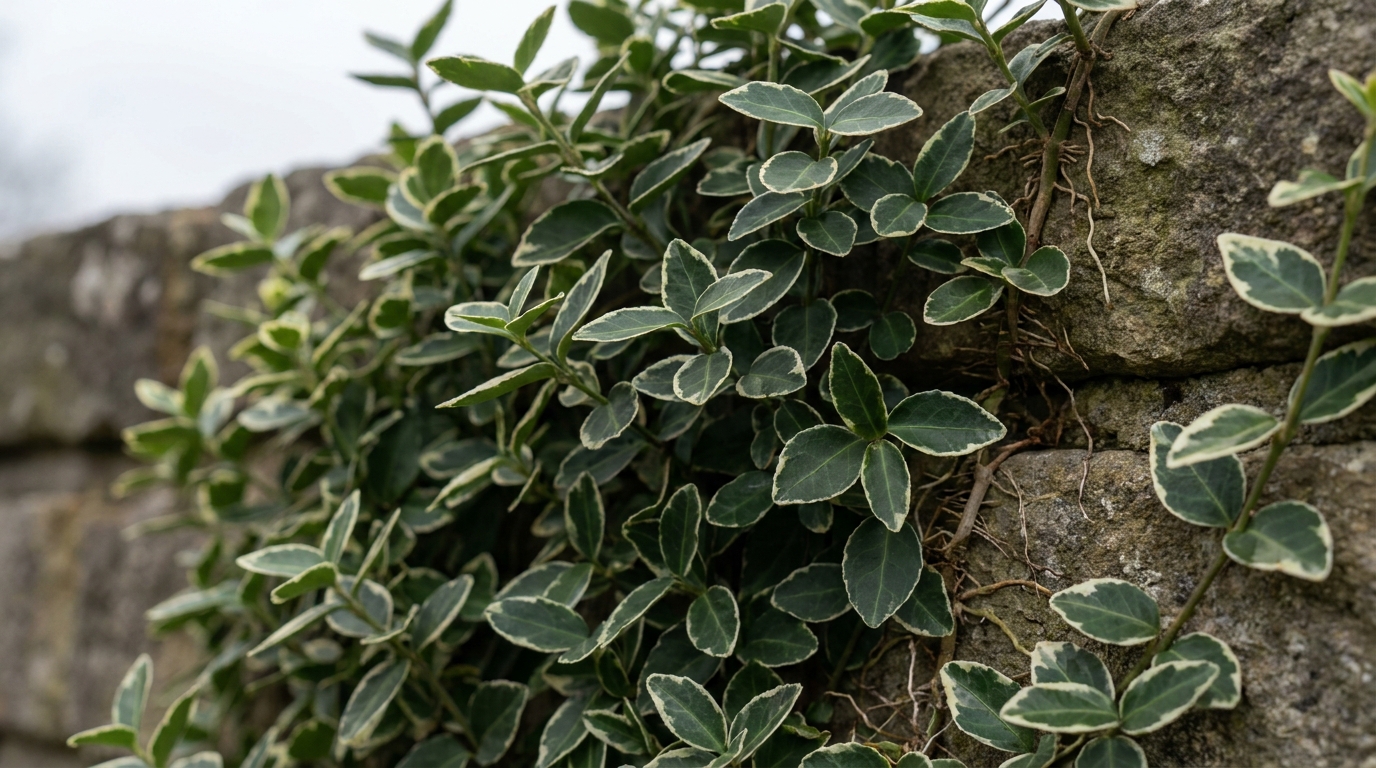 Blühender weißer Sternjasmin an einer sonnigen Steinmauer