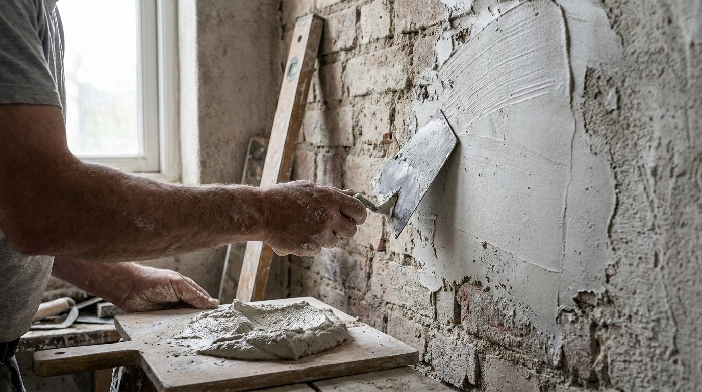 Hand trägt frischen Kalkputz mit der Kelle auf eine mineralische Wand auf