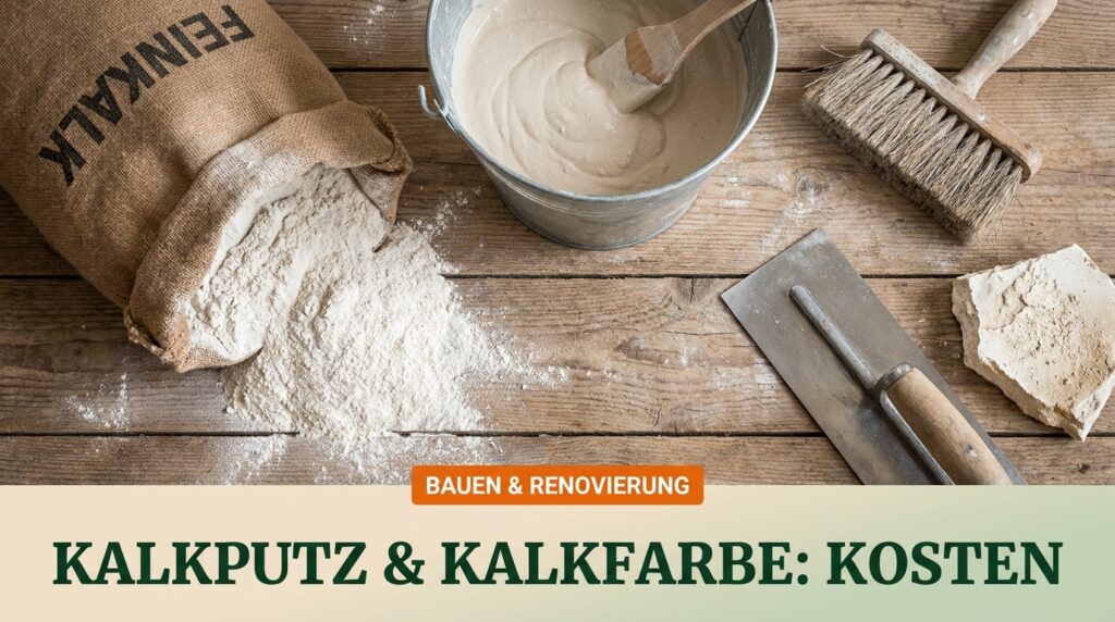 Kalkputz und Kalkfarbe als Baumaterialien im Überblick: Kalksack, angerührte Kalkpaste, Maurerbürste und Kelle
