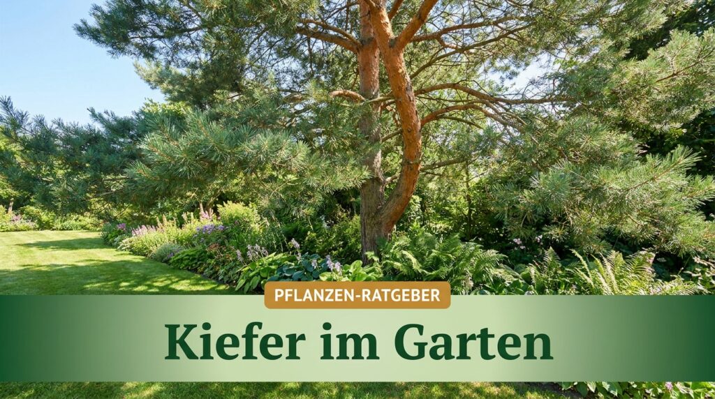 Kiefer im Garten: Arten, Pflege und Standort Ausgewachsene Waldkiefer mit orangebrauner Rinde im Garten