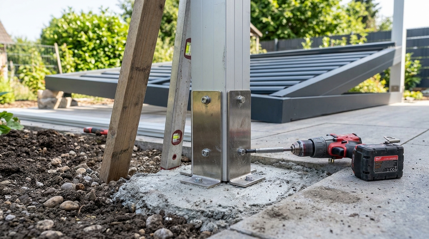 Pfosten eines Lamellendachs wird mit Bodenanker auf dem Fundament ausgerichtet und verschraubt