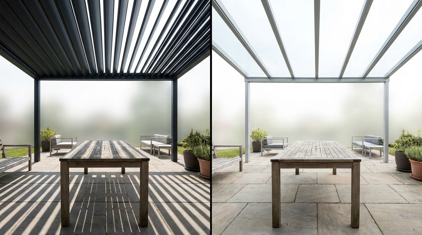 Vergleich von Lamellendach und Glasdach als Terrassenüberdachung aus Froschperspektive
