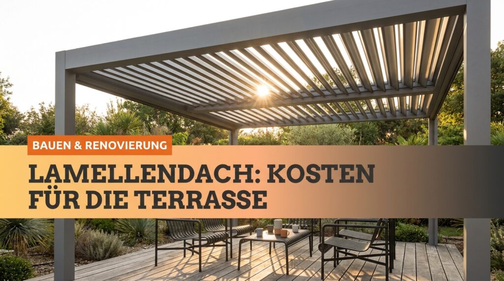 Lamellendach: Was kostet das für die Terrasse? Aluminium Lamellendach über der Terrasse mit halb geöffneten, drehbaren Lamellen und Gartentisch