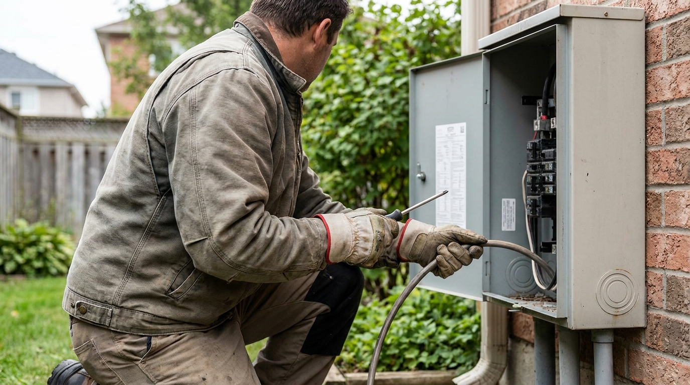 Elektriker schließt ein Kabel am Sicherungskasten an