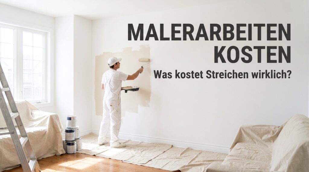 Malerarbeiten Kosten: Was kostet Streichen wirklich? Maler rollt frische helle Farbe an eine Wohnzimmerwand