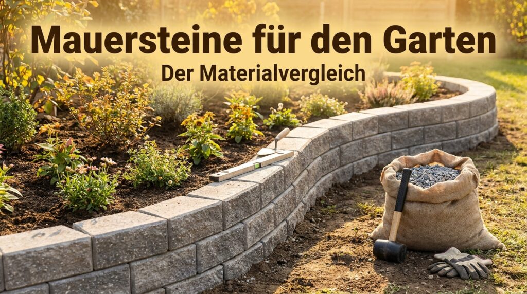 Neu gebaute niedrige Gartenmauer aus grauen Betonmauersteinen