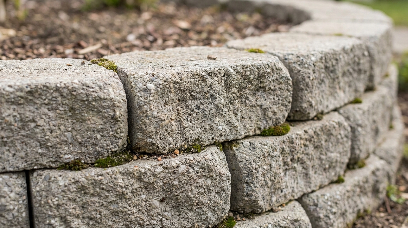 Nahaufnahme grauer Betonmauersteine in einer niedrigen Gartenmauer
