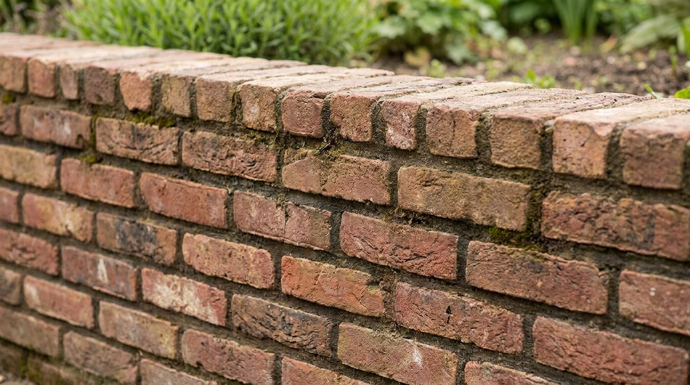Niedrige Gartenmauer aus rotbraunen Klinkersteinen