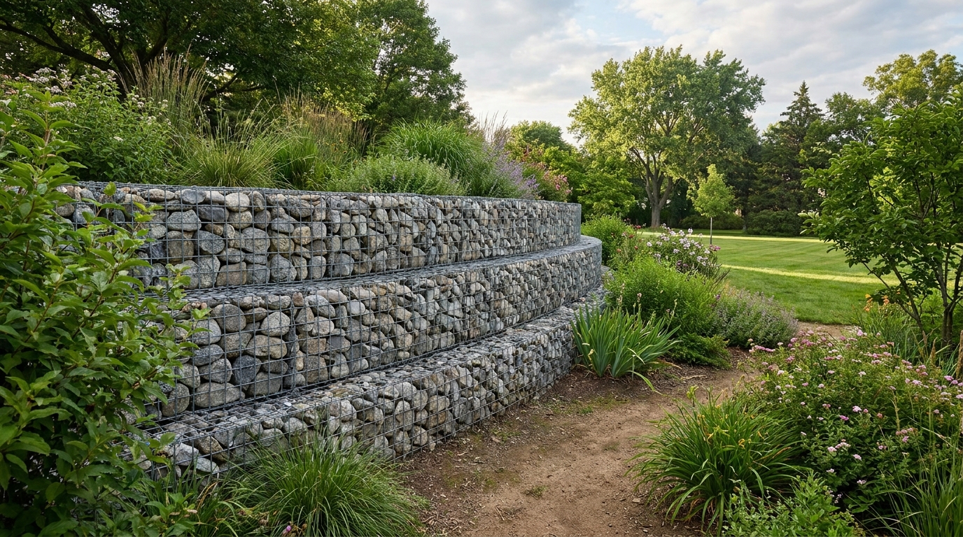 Gabionenkorb mit Steinen als Gartenmauer