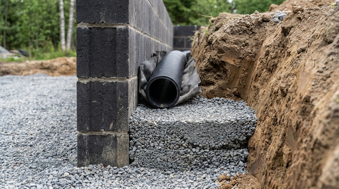 Querschnitt einer Gartenmauer-Fundamentgrube mit Kiesschicht und Drainage