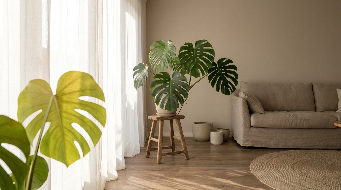 Monstera deliciosa am richtigen Standort nahe dem Fenster mit indirektem Licht