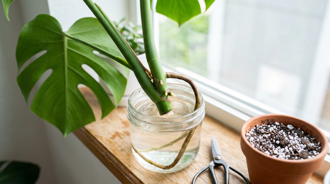 Vermehrung der Monstera deliciosa über Steckling mit Luftwurzel im Wasserglas