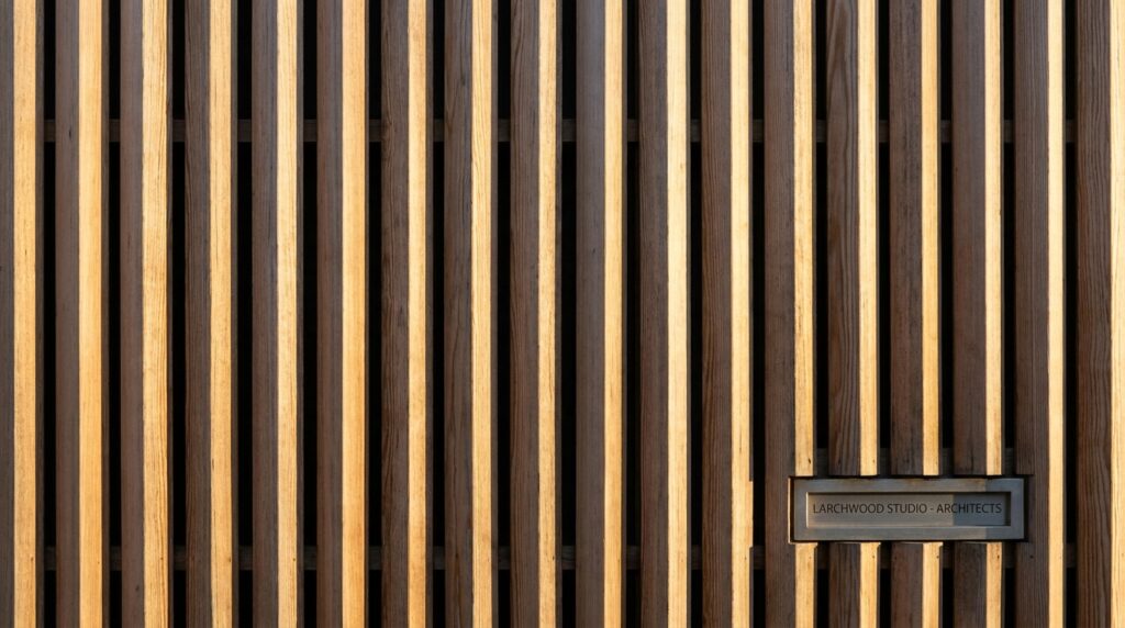 Rhombusleisten: Kosten pro m², Holzarten und Montage Vertikal montierte Rhombusleisten aus Lärche an einer modernen Holzfassade mit gleichmäßigen Schattenfugen