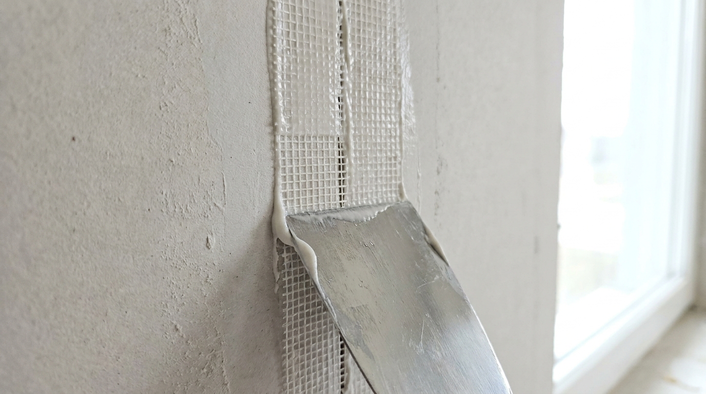 Feiner Riss entlang einer Rigipsfuge an einer gestrichenen Wand