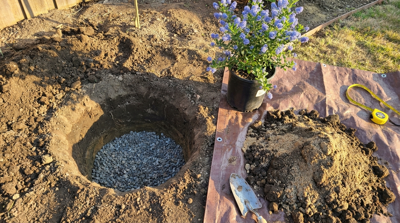 Pflanzloch für die Säckelblume mit Kies-Drainageschicht, ausgehobener Boden und junger Topfpflanze