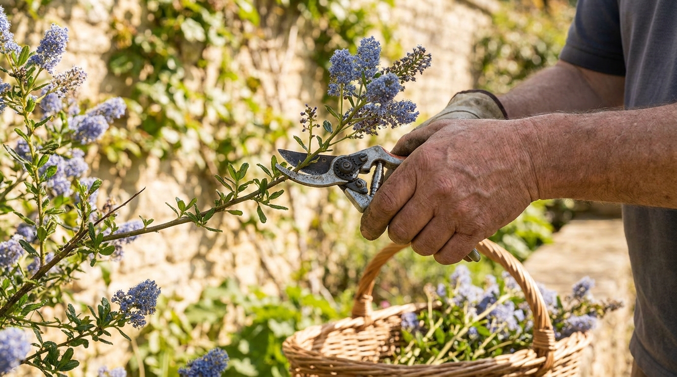 Gärtner schneidet die verblühten blauen Blütenrispen der Säckelblume Victoria nach der Blüte mit der Gartenschere zurück