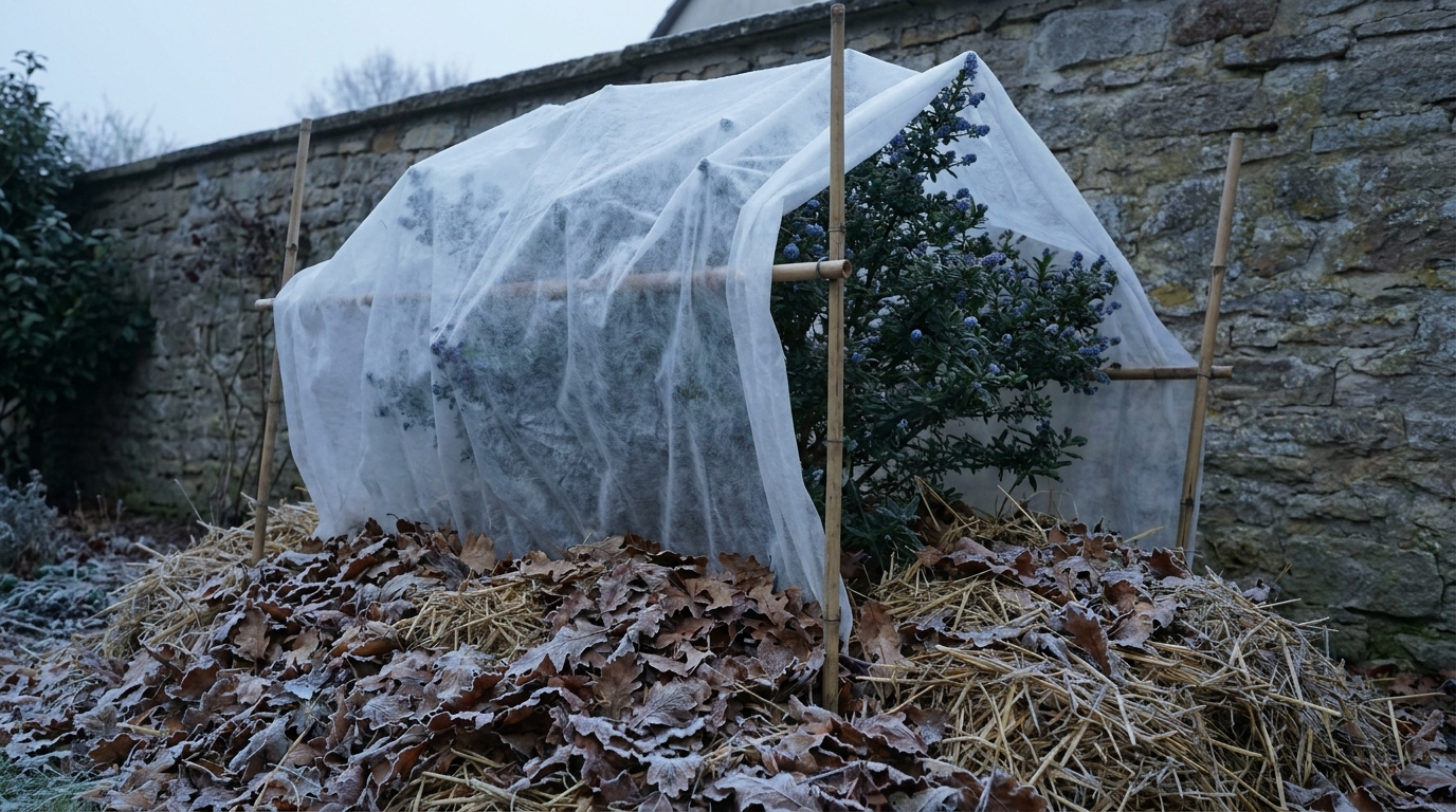 Säckelblume Victoria mit Laub- und Strohschutz am Wurzelbereich und Vlies um die Zweige als Winterschutz