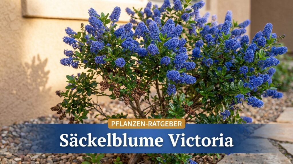 Säckelblume Victoria: Pflege, Standort und Schnitt Säckelblume Victoria (Ceanothus) in voller Blüte mit leuchtend blauen Blütenrispen an einer warmen Südwand