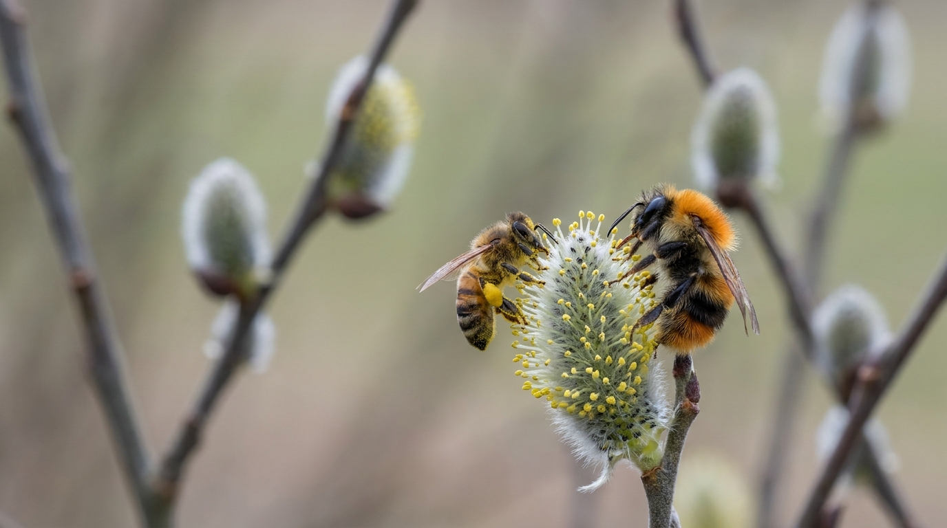 Biene sammelt Pollen an den Kätzchen einer Salweide