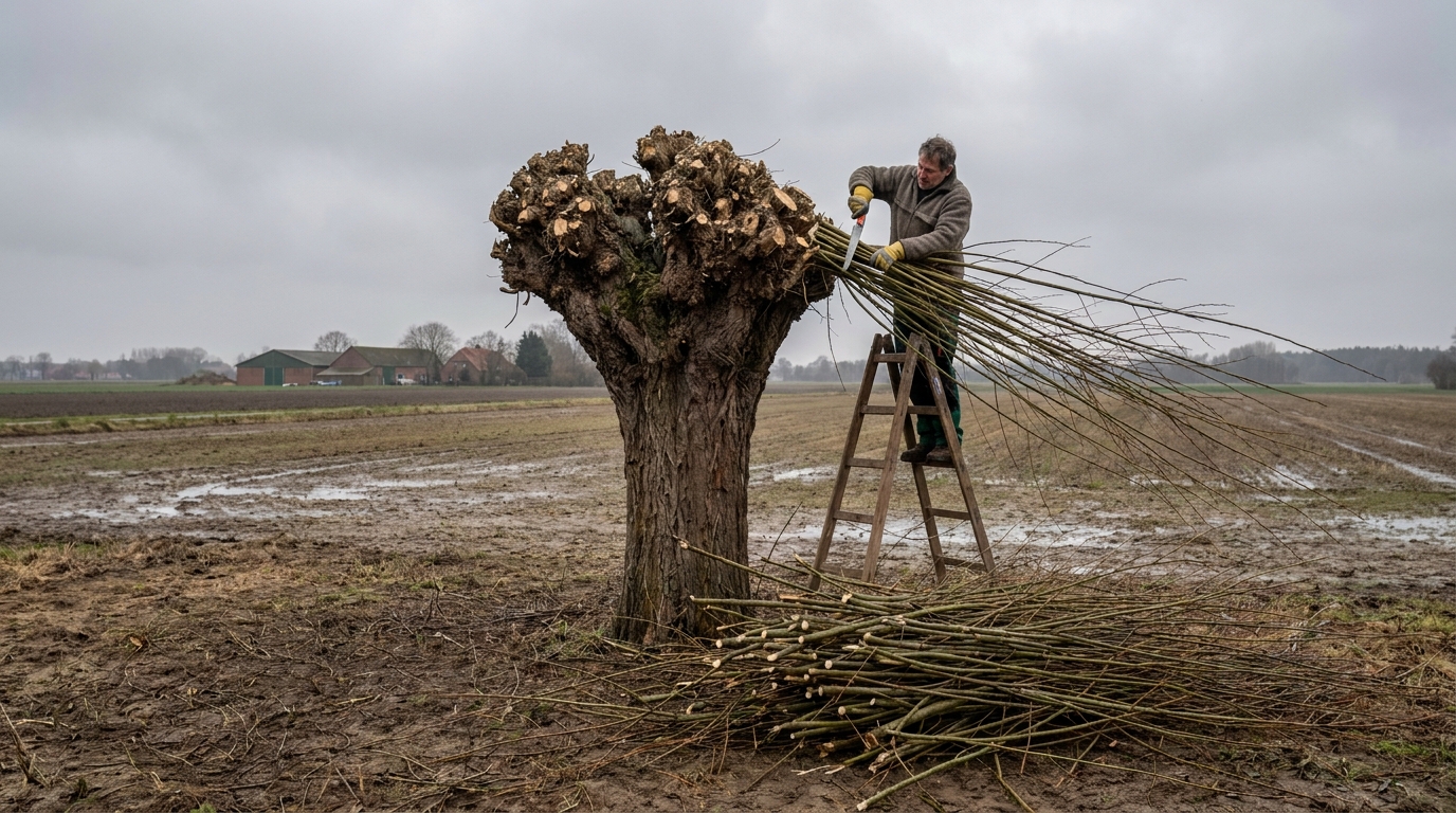 Rückschnitt einer Kopfweide an der Salweide im Spätwinter
